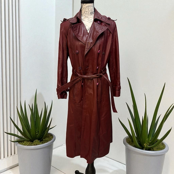 Aigner Jackets & Blazers - Vintage Etienne Aigner Oxblood Leather Trench coat Womens Belted 70s/80s Size 10